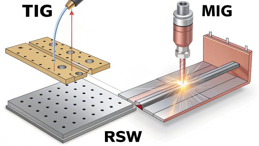 alt text: Resistance spot welding machine joining two sheet metal pieces