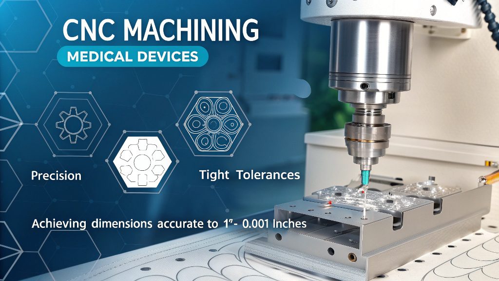 CNC Machining Medical Industry alt text: 5-axis CNC machine working on a complex medical part