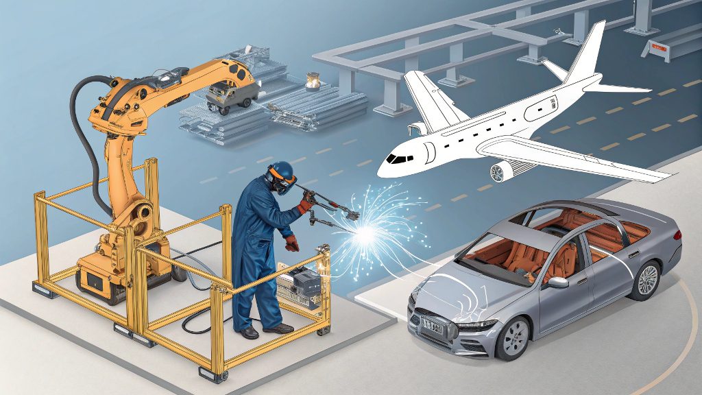 alt text: Robotic arms performing spot welding on a car body frame