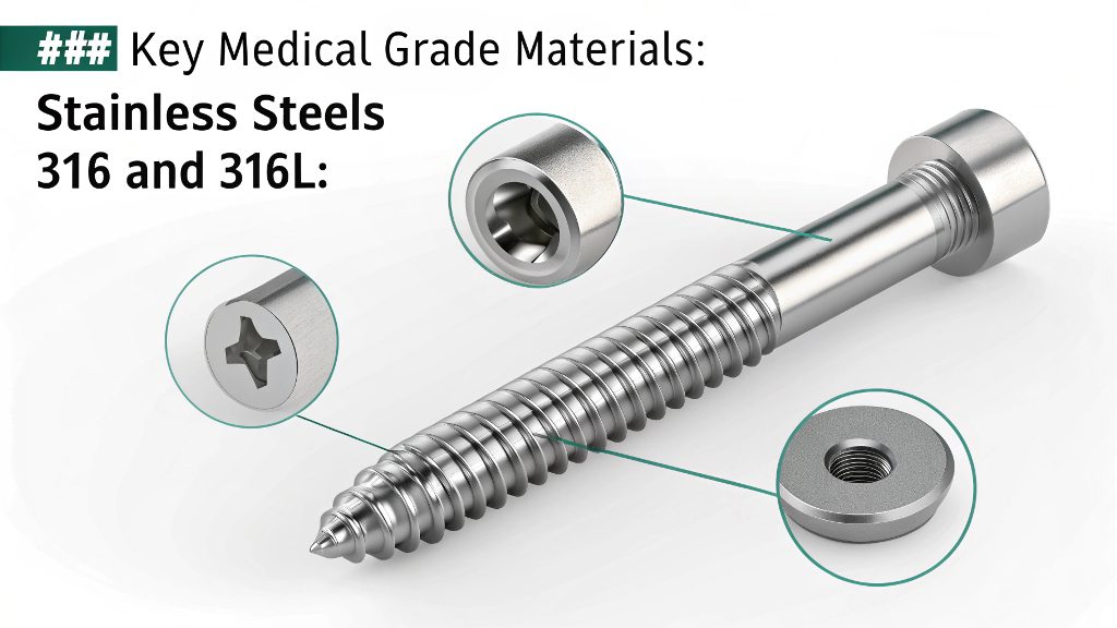 Common CNC Medical Materials alt text: Samples of different medical grade materials like PEEK, Titanium, Stainless Steel