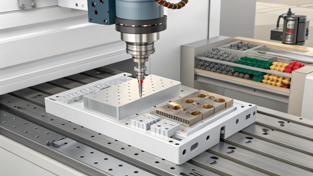 CNC machine working on a block of polypropylene