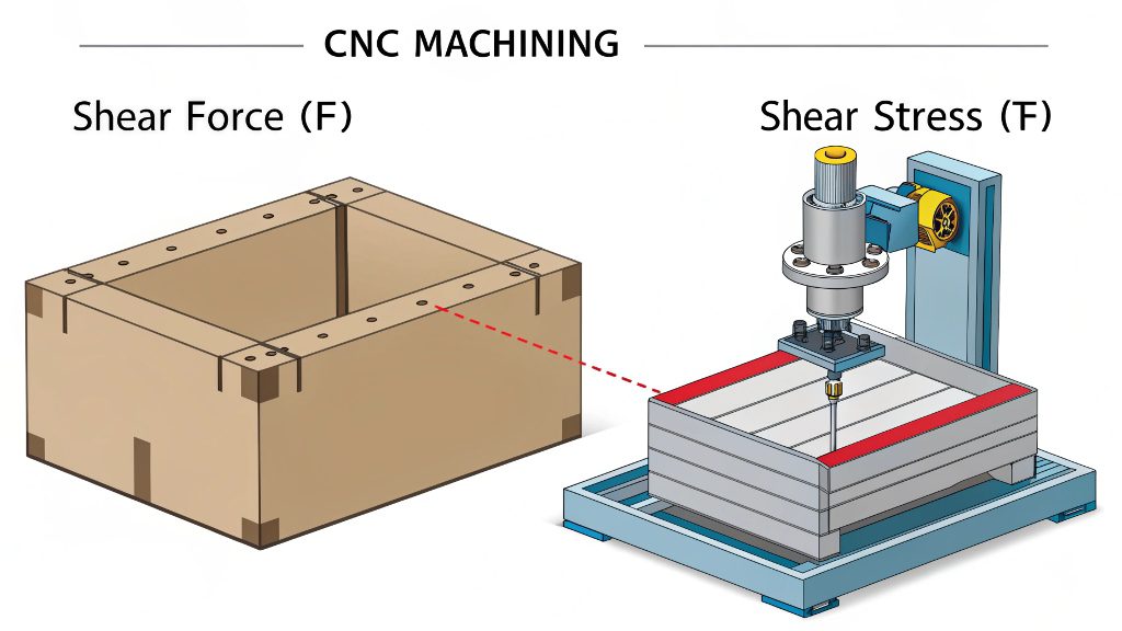 Shear Force vs Shear Stress Difference alt text: Illustration comparing total shear force on a block vs shear stress distributed over its base