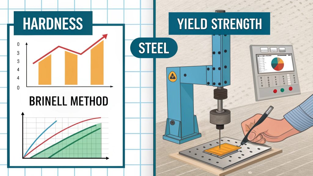 alt text: Hardness tester indenting a metal surface alongside a bent metal bar