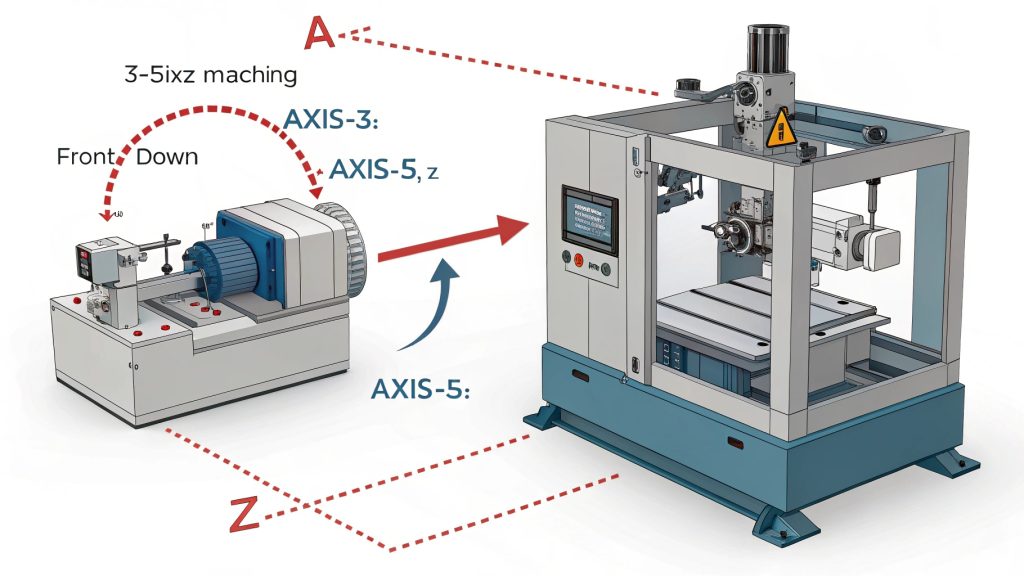 alt text: Comparison diagram of 3-axis, 4-axis, and 5-axis CNC machining