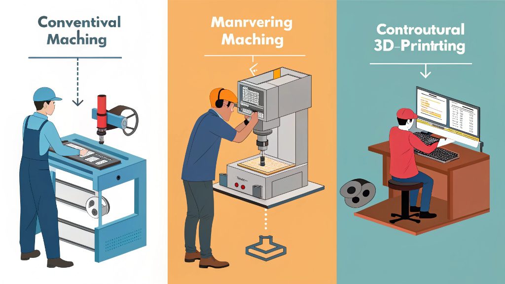 Conventional Machining vs CNC vs 3D Printing Image comparing a manual lathe, a CNC machine, and a 3D printer