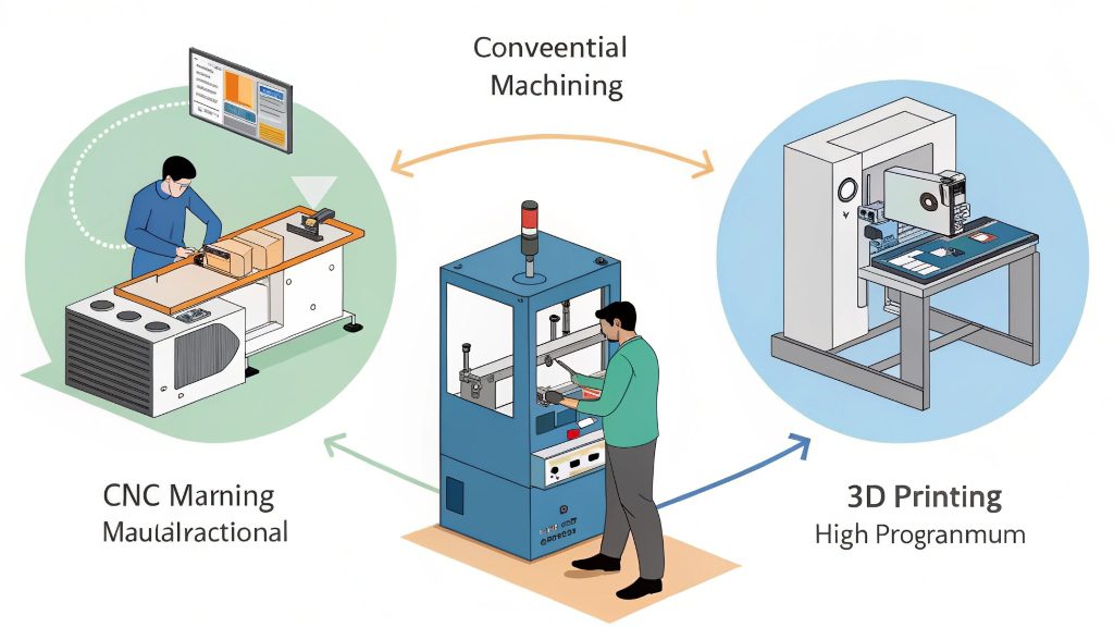 CNC Machine vs Office Printer vs 3D Printer Image showing a CNC mill, an office paper printer, and a desktop 3D printer