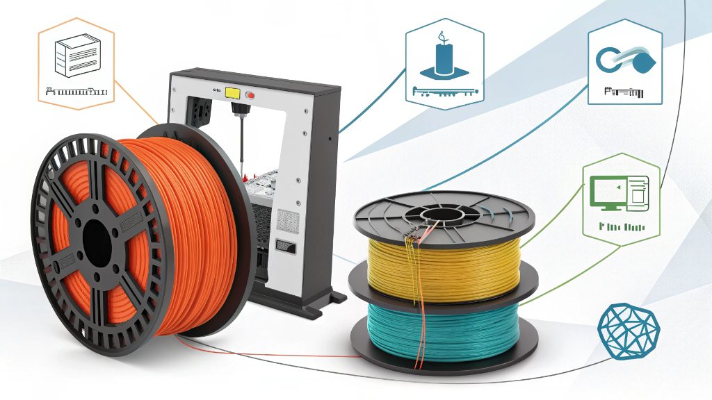 Spools of PLA and PETG 3D printing filament