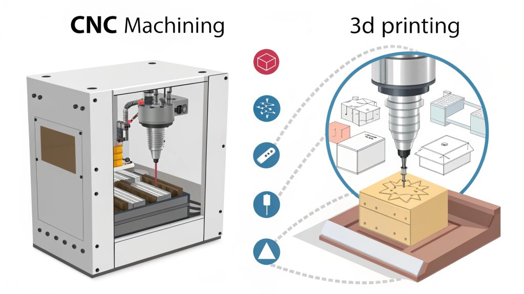 alt text: CNC milling (subtractive) vs 3D printing (additive)