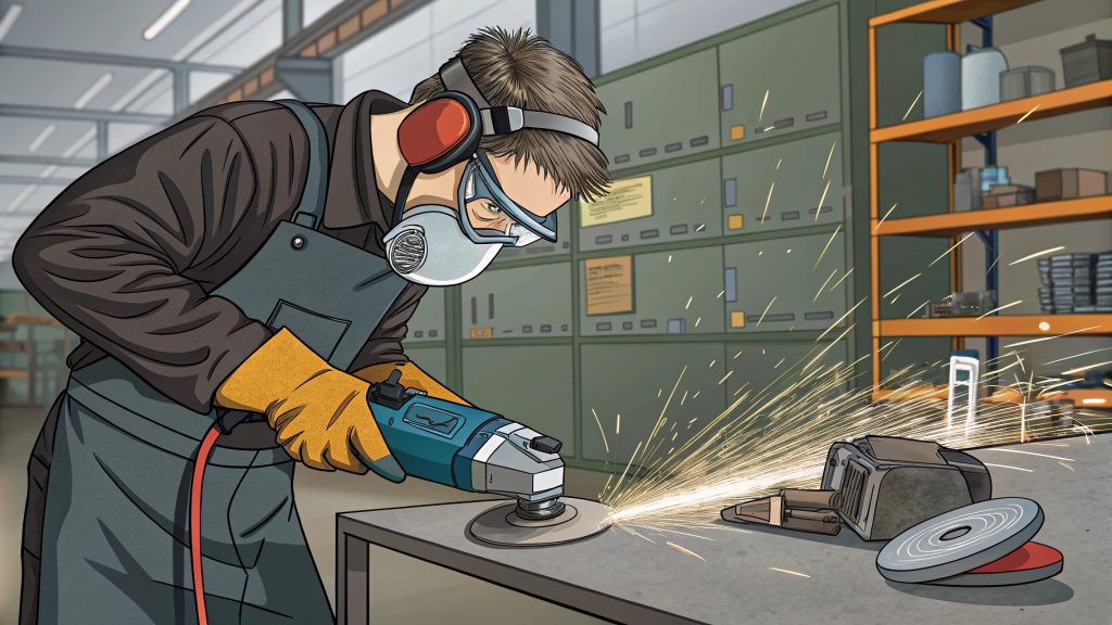 A worker carefully grinding a stainless steel weld seam with a flap disc