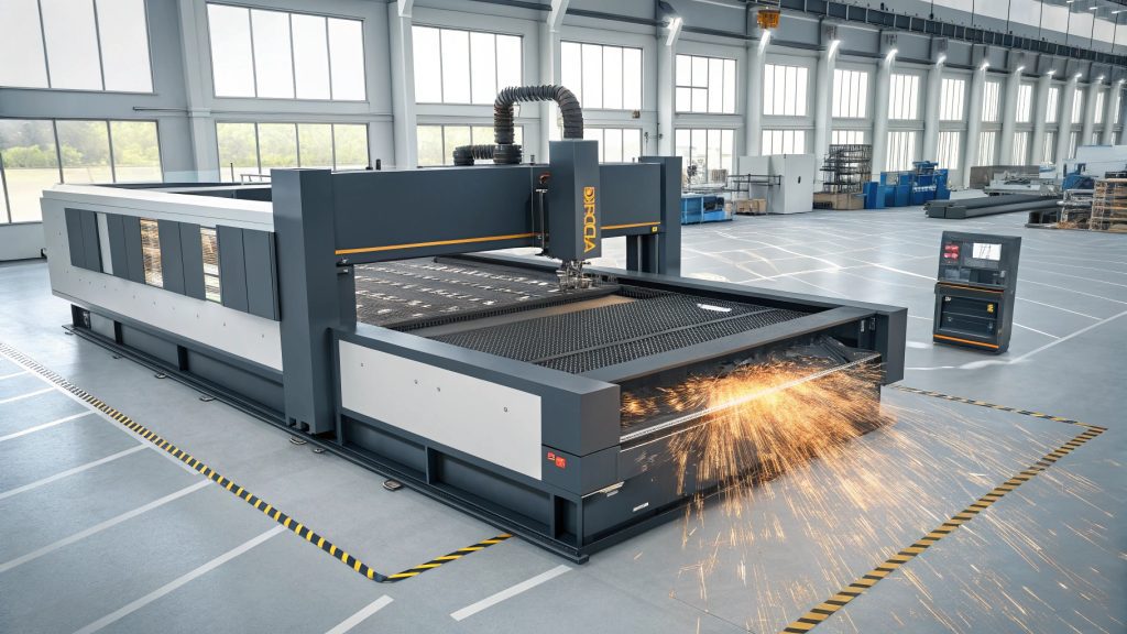 A large industrial laser cutting machine in a factory setting