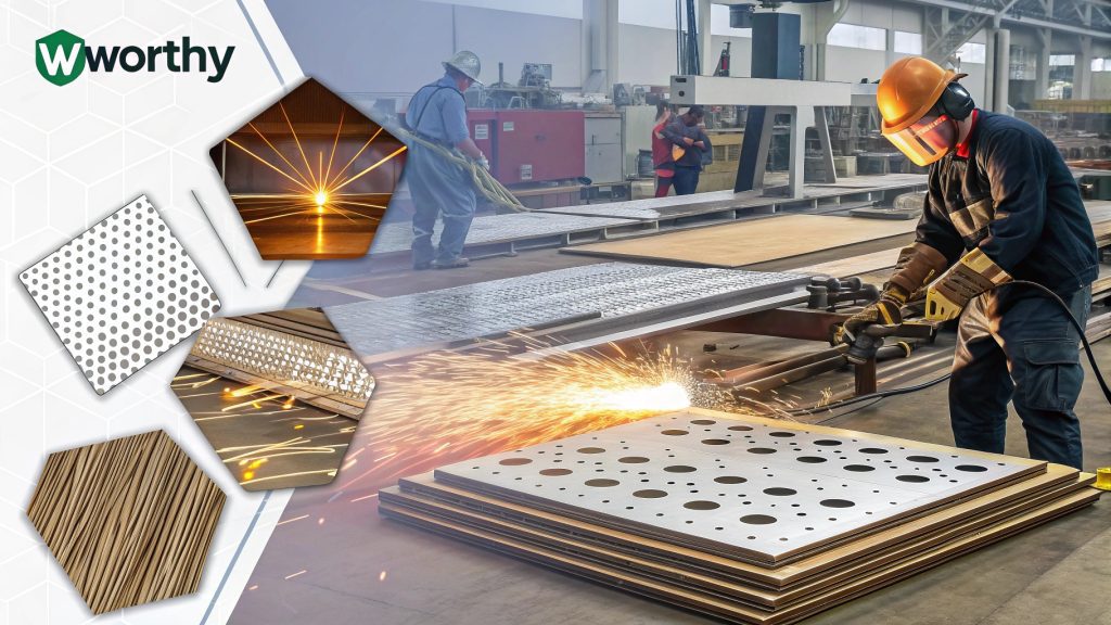 An assortment of laser-cut sheet metal parts in different materials