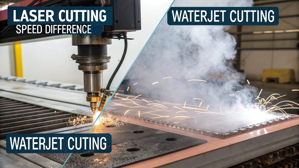 A close-up of a clean laser-cut part versus a part cut by plasma with some dross.