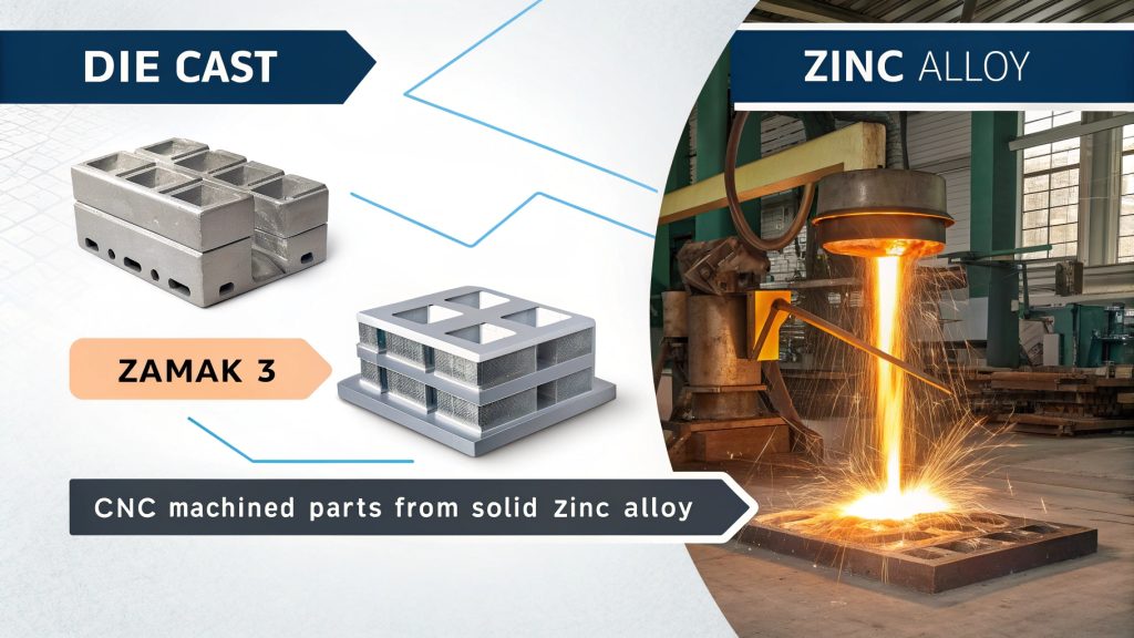 Zinc Alloy Material and Die Cast Product Raw zinc alloy ingots and a die cast part