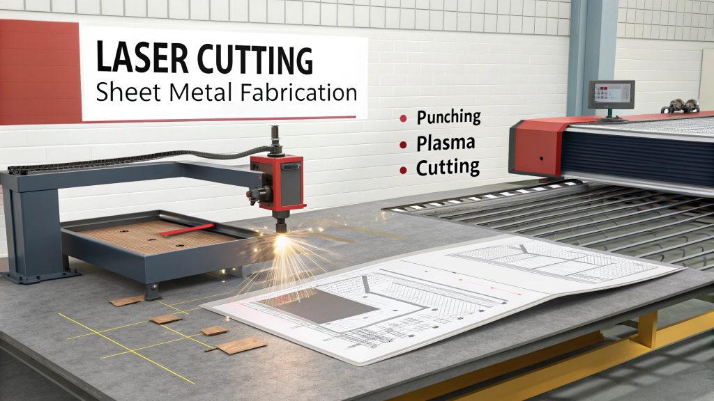 A workflow chart showing laser cutting as part of the sheet metal fabrication process