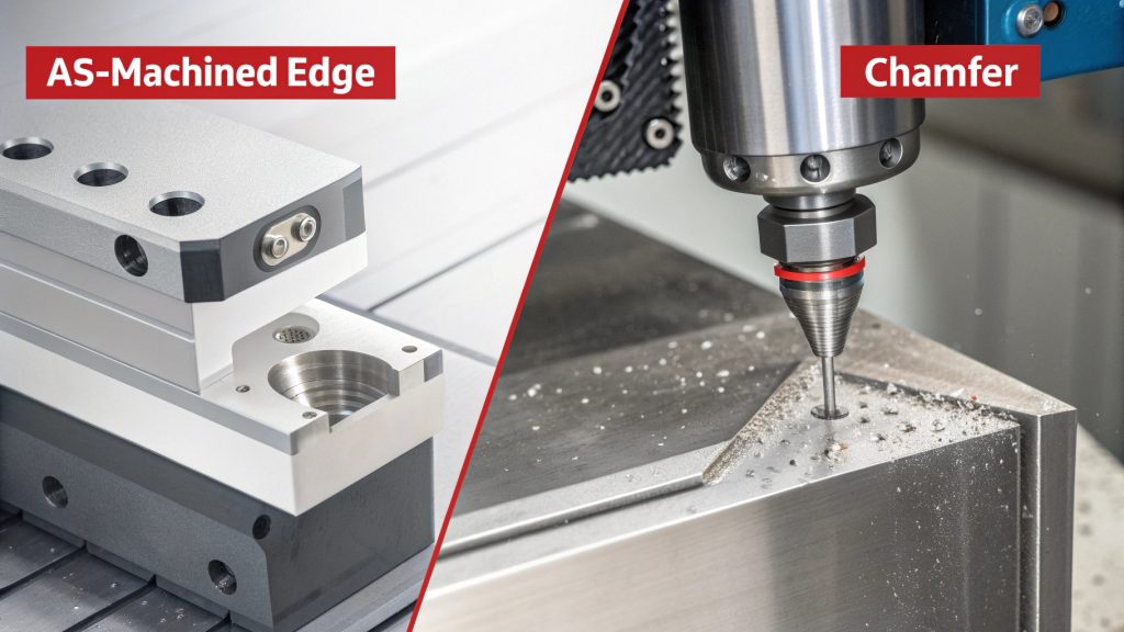 Chamfered Edge vs. Sharp Edge An image comparing a sharp, 90-degree edge with a smooth, chamfered edge.