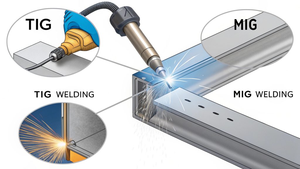 A close-up shot of a clean and precise TIG weld on a stainless steel tube