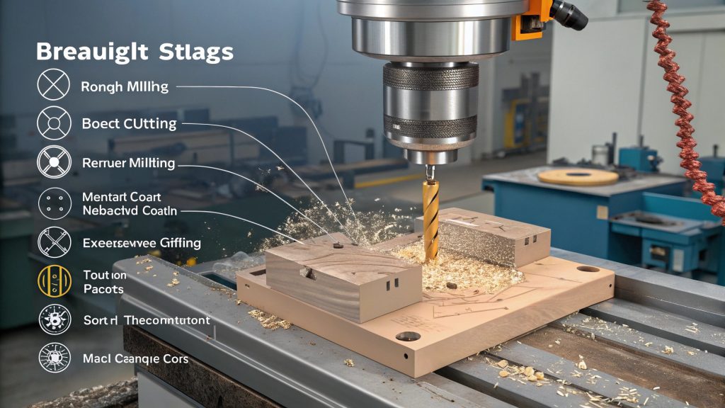 Milling Process Steps Close-up of milling cutter removing material