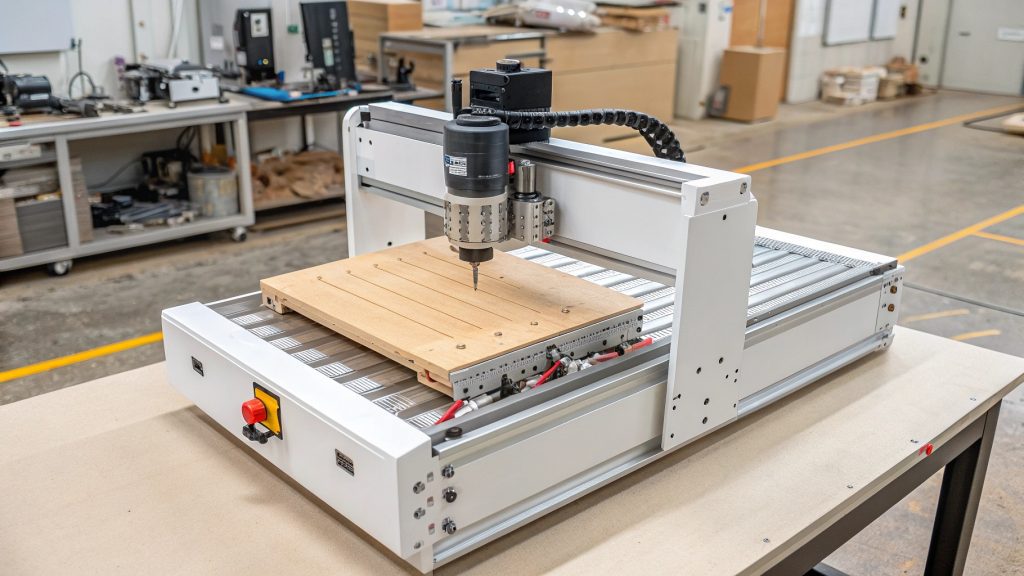 An assortment of parts: wooden signs from a router and metal gears from a mill