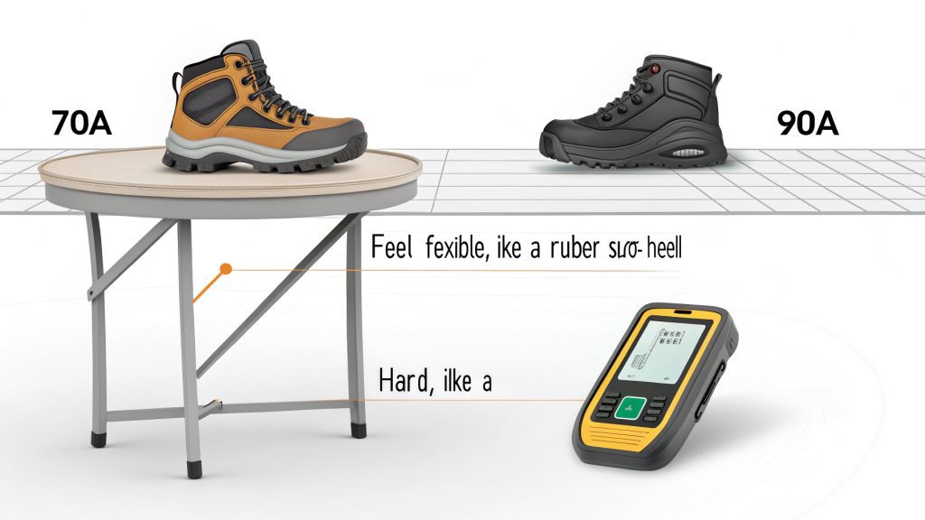 Side-by-side comparison of a flexible rubber seal (70A) and a hard plastic wheel (90A).