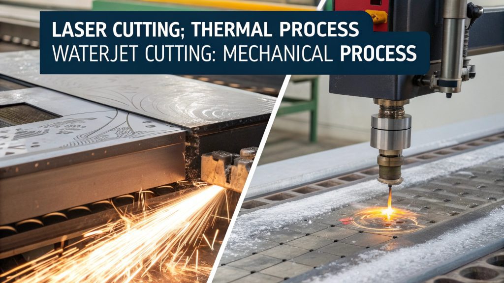 A waterjet cutting a complex shape in thick aluminum without any burn marks.