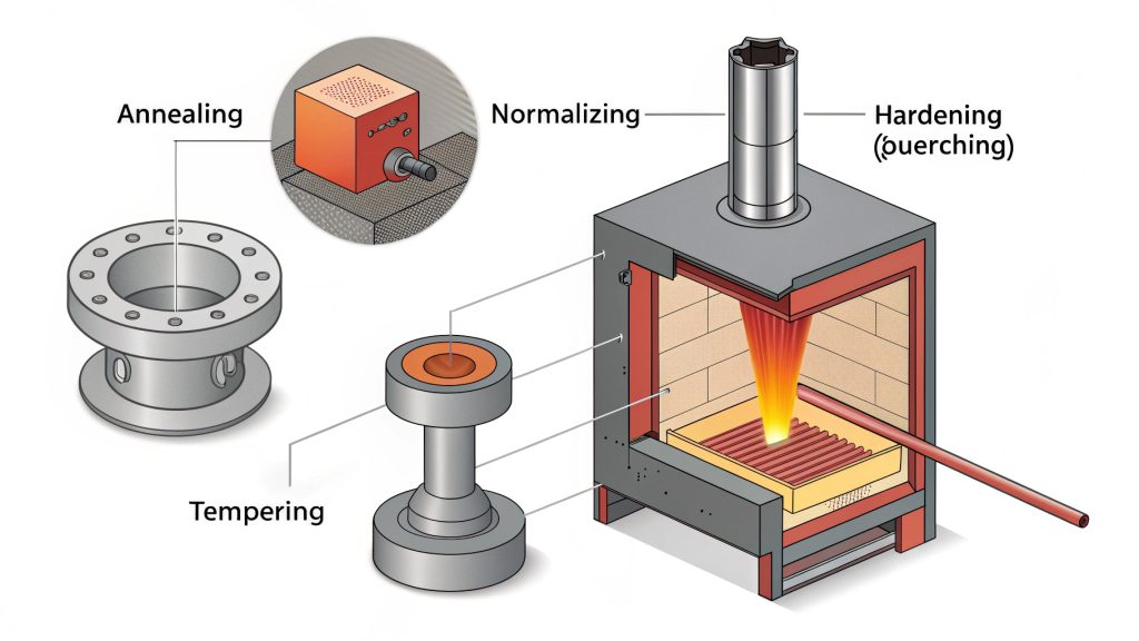 Assortment of metal parts undergoing different heat treatment processes
