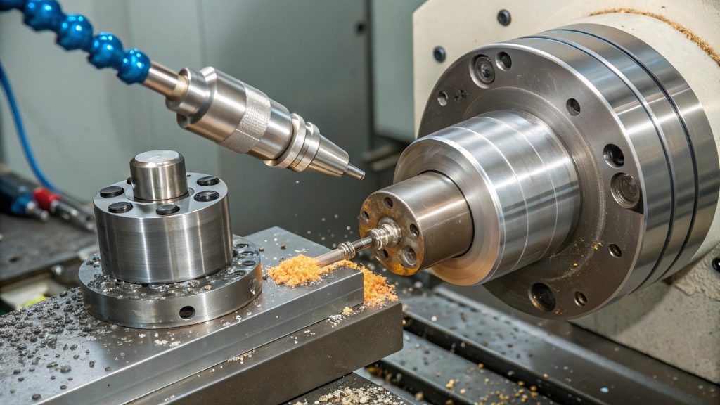 Material Characteristics Affecting Machinability A CNC cutting tool machining a piece of metal, showing chip formation