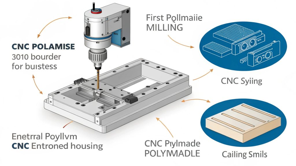 CNC cutting, milling, and drilling CNC machine head drilling into a polyamide block