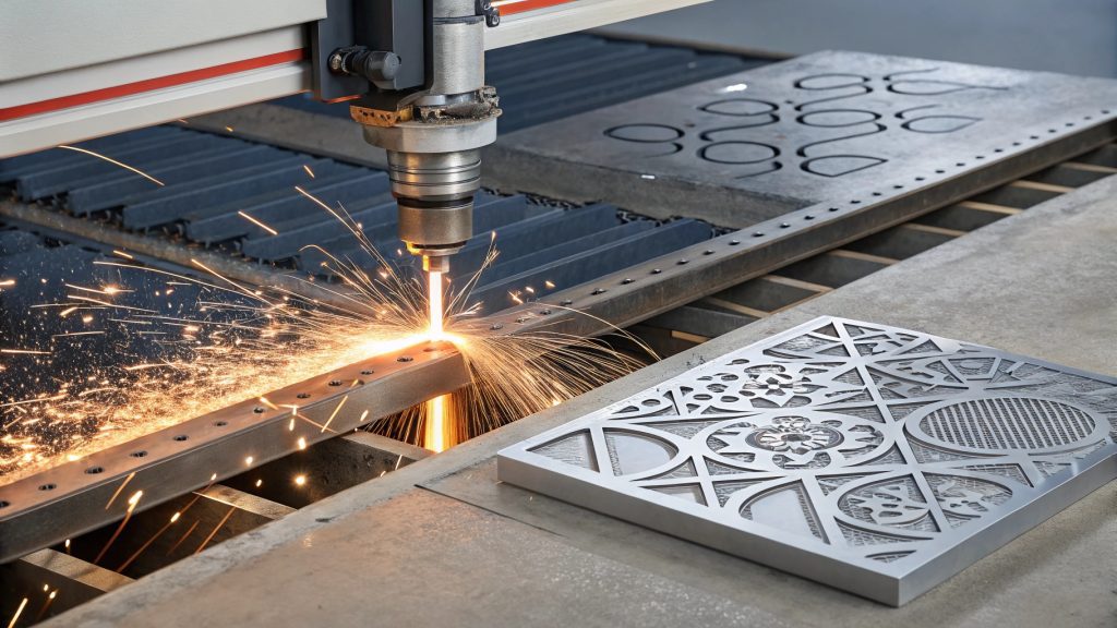 A waterjet cutting stone next to a plasma torch cutting steel.