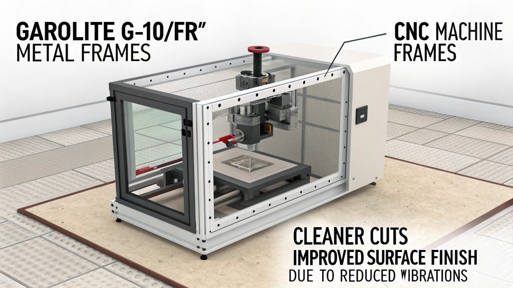 The sturdy frame of a CNC machine, possibly made of a composite material.