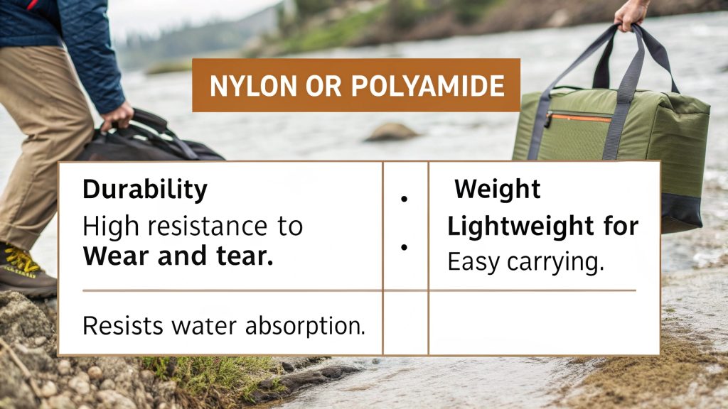 A durable nylon bag next to raw polyamide fabric