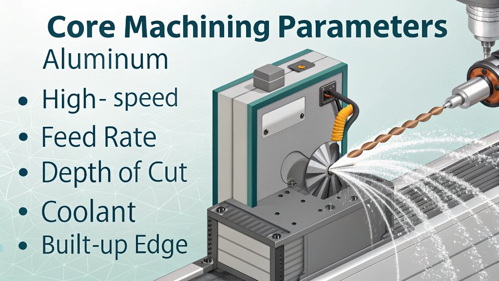 Aluminum CNC Machining Parameters CNC machine cutting an aluminum block with coolant spray