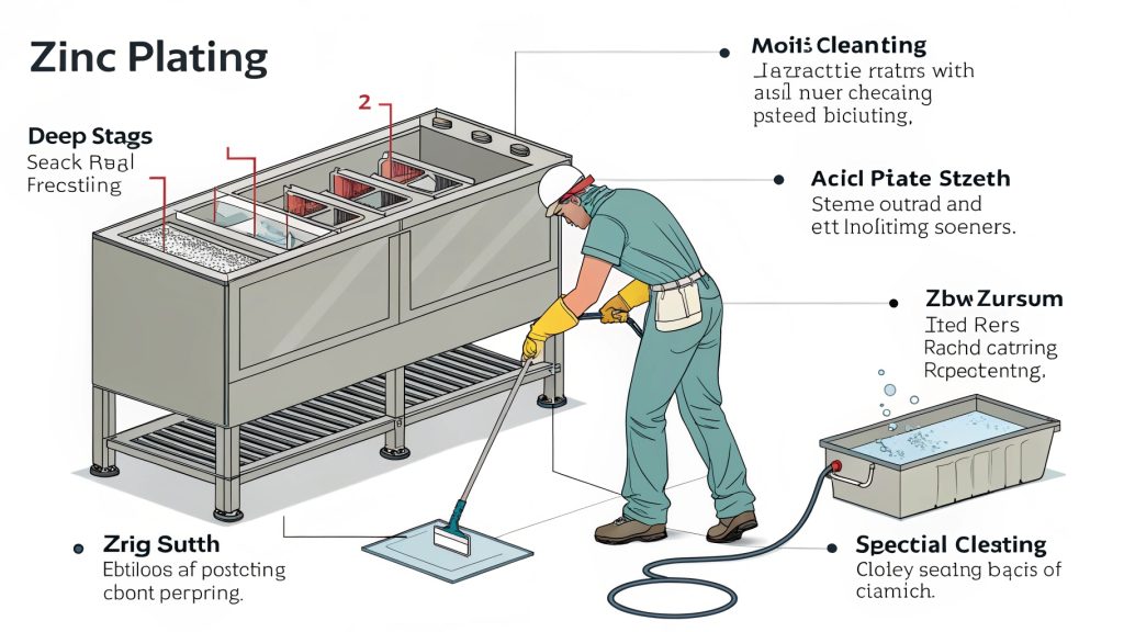 A factory worker dipping a rack of steel parts into a plating tank.