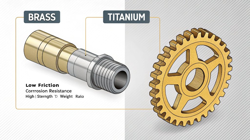 Brass and Titanium CNC Parts A comparison of a gold-colored brass fitting and a gray titanium aerospace component