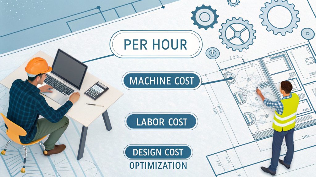 Calculating CNC Machining Cost Per Hour An infographic showing the breakdown of CNC machining costs: machine, labor, overhead.