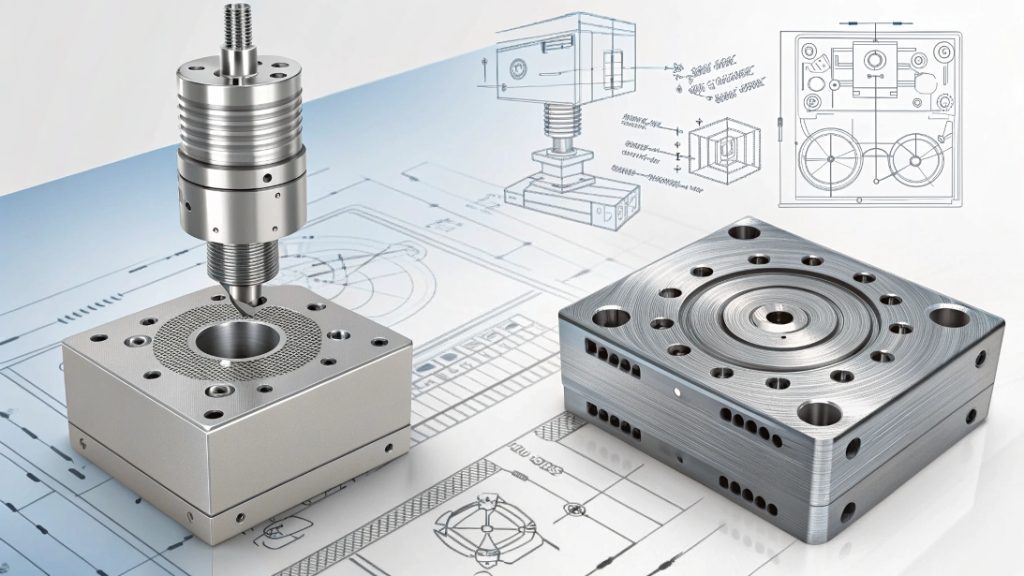 A caliper measuring a highly precise CNC part next to a stack of perfectly identical stamped parts
