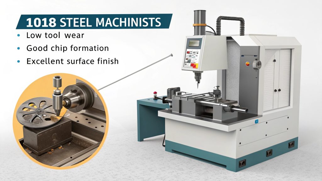 Machining 1018 Steel A CNC machine cutting a part from a block of 1018 steel, with chips flying off.