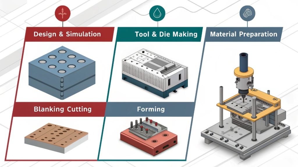 A flowchart showing the 7 steps of the metal stamping process