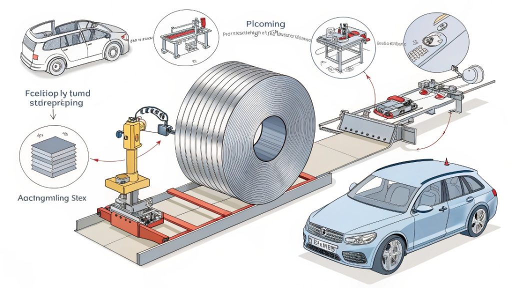 A large industrial stamping press in an automotive factory