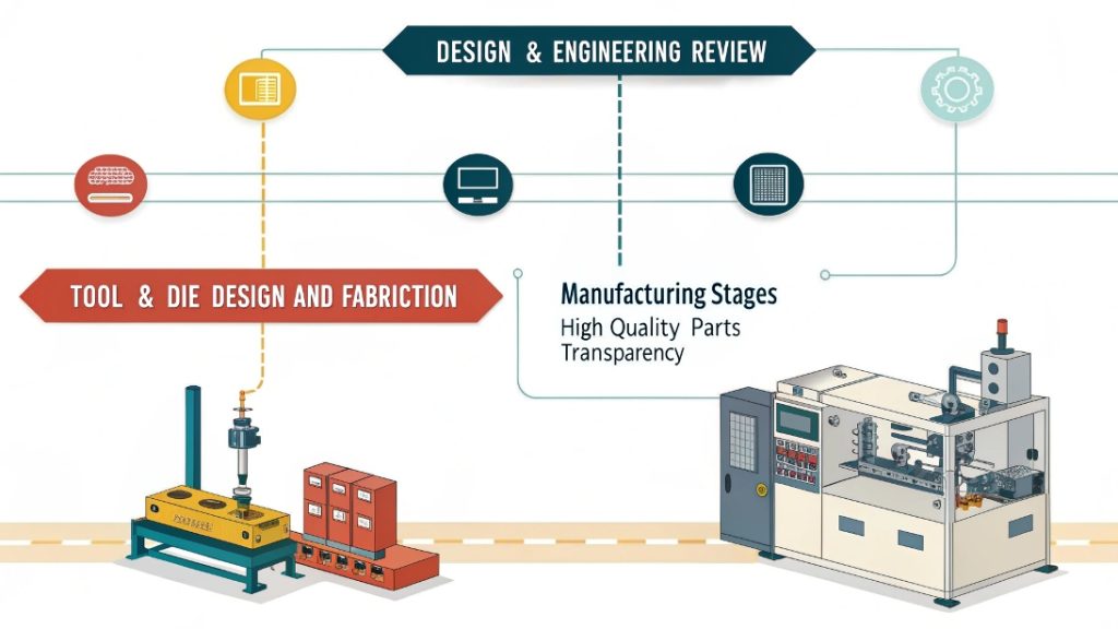 Flowchart showing the 7 steps of the metal stamping process
