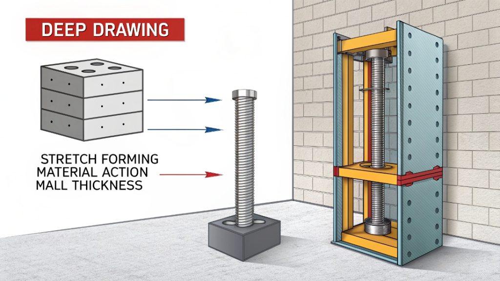 A diagram comparing the metal flow in deep drawing vs. stretch forming