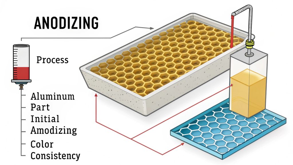 Anodizing process diagram showing pores and dye