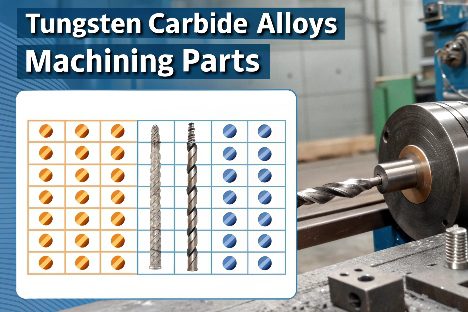 A collection of different tungsten parts: a nozzle, a balance weight, and a die.