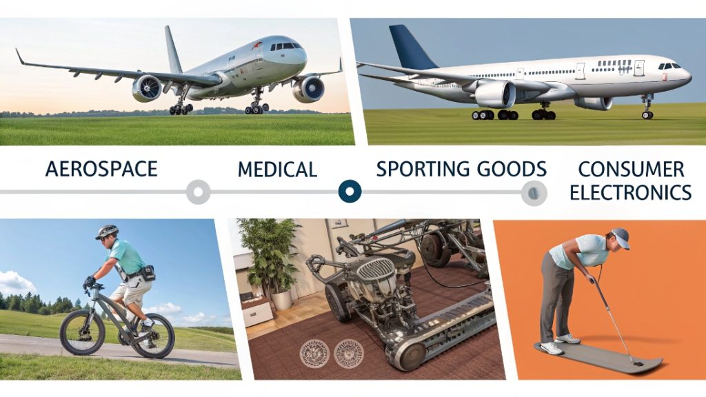 5 Uses for Titanium A collage of titanium products: an airplane, a hip implant, a golf club, a smartphone, and industrial pipes