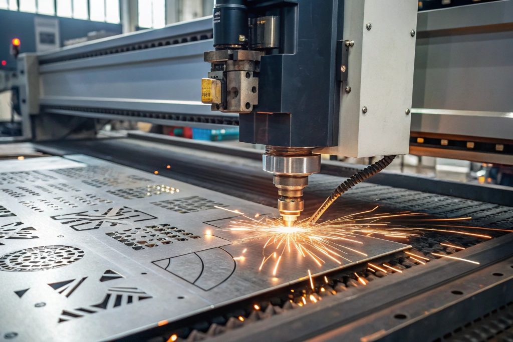 A CNC laser cutter in operation on a sheet of metal