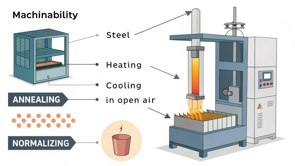 Improved Machinability After Heat Treatment A CNC machine cutting into an annealed carbon steel block with ease
