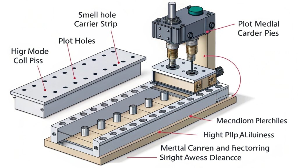 A metal strip progressing through a stamping die