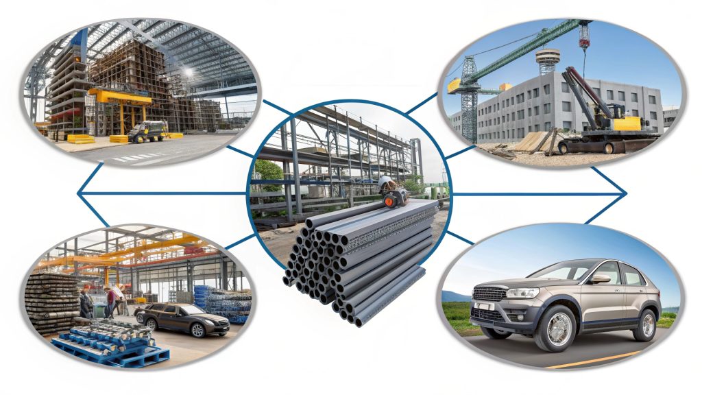 Industrial Applications of Carbon Steel An image showing diverse industrial applications: a building's steel frame, automotive chassis, and large machinery gears.