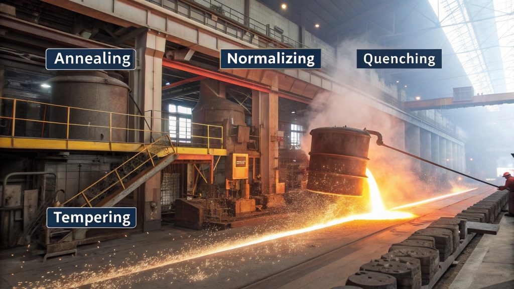 Changes in Steel Properties from Heat Treatment A graph showing changes in hardness, toughness, and ductility after different heat treatments