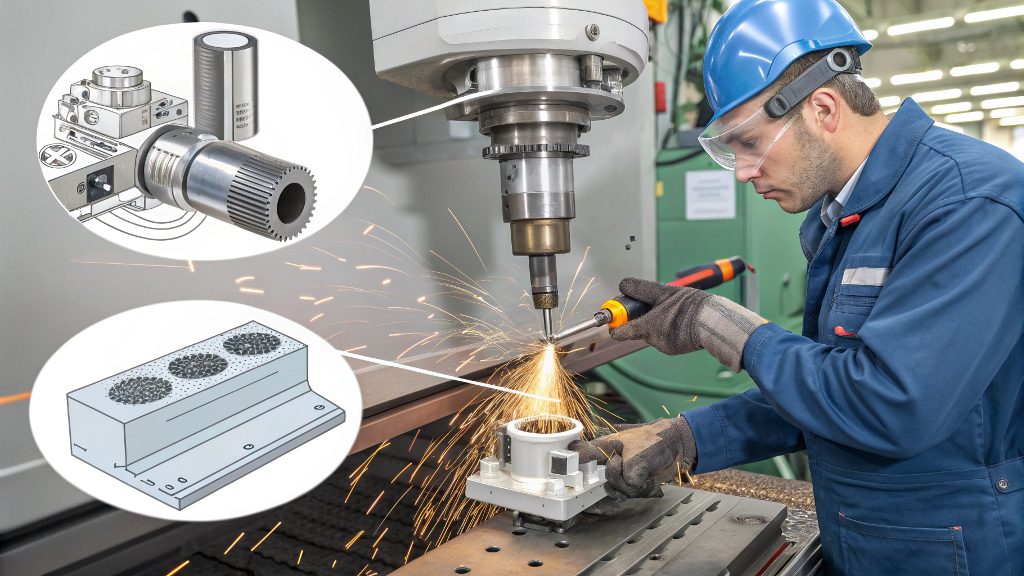 Close-up of PEEK CNC Machining A detailed close-up of a CNC tool cutting PEEK material.