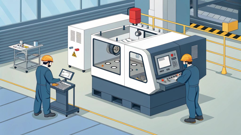 An engineer inspecting a CNC part with calipers